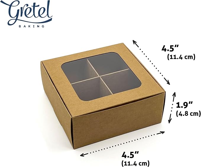 Treat boxes with window and dividers | 4 SMALL compartments | 4.5 x 4.5 x 1.9 in | Chocolate covered strawberries supplies, macaron boxes, baked goods packaging | 20-pack (Kraft)