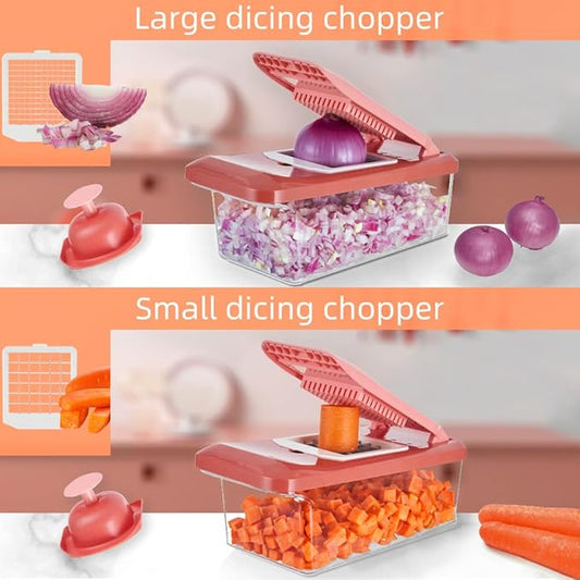 VEKAYA Vegetable Chopper, Professional Food Chopper with Container, Multifunctional Veggie Slicer, Vegetable Cutter with Detachable Blades, Onion Dicer Cutter for Kitchen (Red)