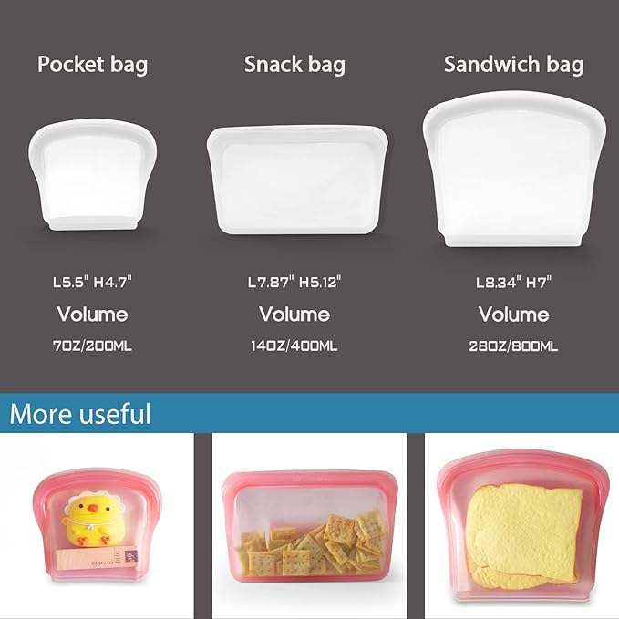 KVK Platinum Reusable Silicone Bags - Flat Silicone Pocket Snack Sandwich Bags - Double Lock Leakproof Silicone Food Storage Bags Oven Freezer Dishwasher Safe - Lavender