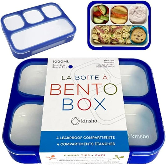 Bento Lunch Box for Kids Boys Adults, School Lunch-Box 4 Leakproof Compartments Snackle Snack Container with Utensils, Blue