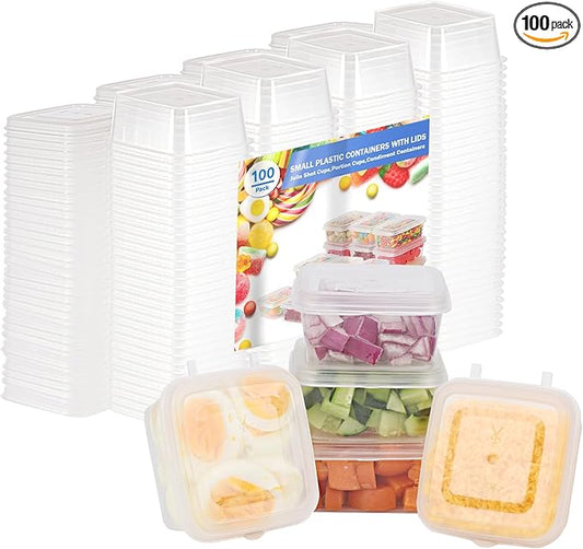 5 oz Small Plastic Containers with Lids (100pack), Food Storage Condiment Containers with Lids, Portion Cups, Jello Shot Sauce Cups (Square)