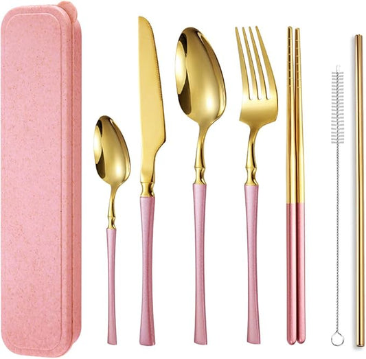 AARAINBOW 7 Pieces Stainless Steel Flatware Set Portable Reusable Cutlery Set Travel Utensils Set Including Chopsticks Knife Fork Spoon Straws Cleaning Brush Dishwasher Safe (B-Pink Golden)