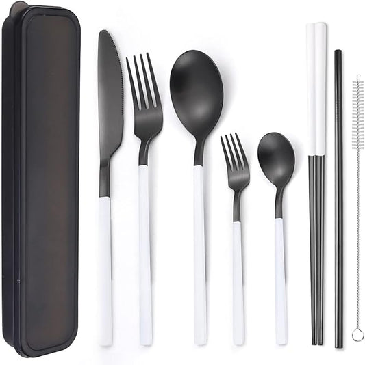 AARAINBOW 6 Pieces Stainless Steel Flatware Set Portable Reusable Cutlery Set Travel Utensils Set Including Chopsticks Knife Fork Spoon Straws Cleaning Brush Dishwasher Safe (White&Black)
