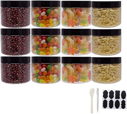 Plastic Jars With Lids, Extra Labels, 1 Pen, Clear PET Seal Jar for Food Storage, Wide Opening Storage jar For Dry Food, Peanut, Powder, Kitchen & Craft Storage (10oz (12pack))