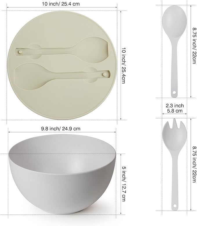 10" Large Salad Bowl with Sealed Lid & Serving Utensils,135Oz, White Big Bamboo Fiber Salad Serving Bowl with Servers for Mixing/Serving (Silicone Light Green Lid)