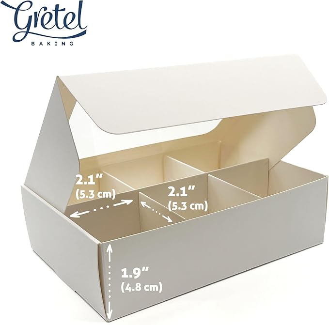 Treat boxes with window and dividers | 6 SMALL compartments | 6.5 x 4.5 x 1.9 in | Chocolate covered strawberries supplies, macaron boxes, baked goods packaging | 20-pack (White)