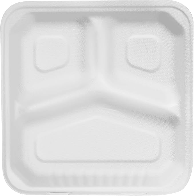 KARAT EARTH Clamshell Take Out Food Containers [9"x9", 200 ct ] 3 Compartments | Compostable To Go Containers, Natural Biodegradable Bagasse | White
