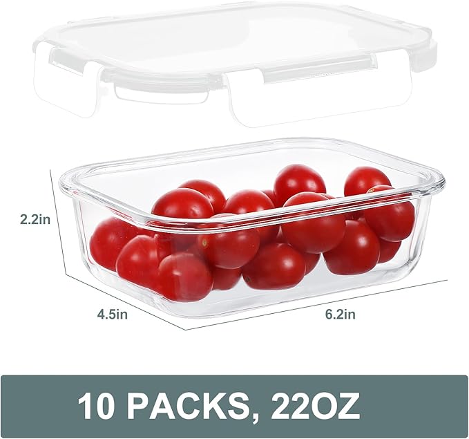10 Packs 22 oz Glass Meal Prep Containers, Glass Food Storage Containers with Lids, Airtight Lunch Boxes BPA Free, Microwave and Freezer Safe, White
