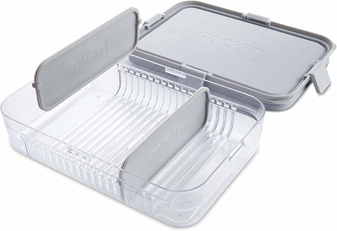 PackIt Mod Large Bento Food Storage Container, Steel Gray, Shatterproof Crystal Clear Base, with Leak-resistant Dividers, Lid, Microwavable, Dishwasher Safe, Designed for Storing Large Meal, Leftovers