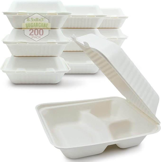 Green Earth 8-Inch, 200-Count, 3-Compartment, Compostable Clamshell, Natural Bagasse (Sugarcane Fiber), Take-Out/to-Go Food Boxes - Biodegradable Containers, Hinged Lid Microwave-Safe Gluten-Free