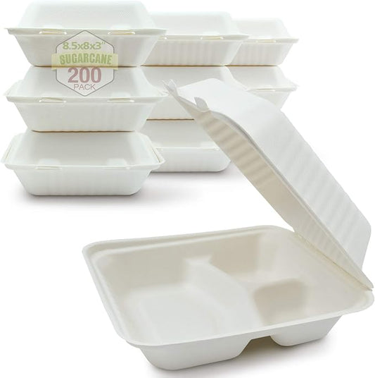 Green Earth 8-Inch, 200-Count, 3-Compartment, Compostable Clamshell, Natural Bagasse (Sugarcane Fiber), Take-Out/to-Go Food Boxes - Biodegradable Containers, Hinged Lid Microwave-Safe Gluten-Free
