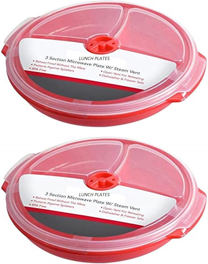 Home Products Essentials 2 Pack- Microwave Food Storage Travel Tray Containers -Portion Control - 3 Section Compartment Divided Plates with Vented Lid For Easy Reheat - Durable Quality (2, Red)