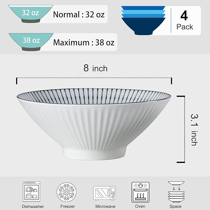 38 oz Japanese Ramen Bowls Set of 4, Large Pho Bowls, 8 Inch Ceramic Blue and White Soup Bowls, Mixing Pattern