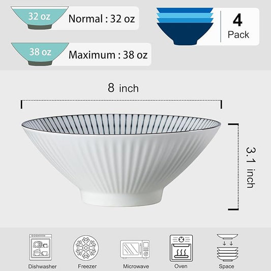 38 oz Japanese Ramen Bowls Set of 4, Large Pho Bowls, 8 Inch Ceramic Blue and White Soup Bowls, Mixing Pattern