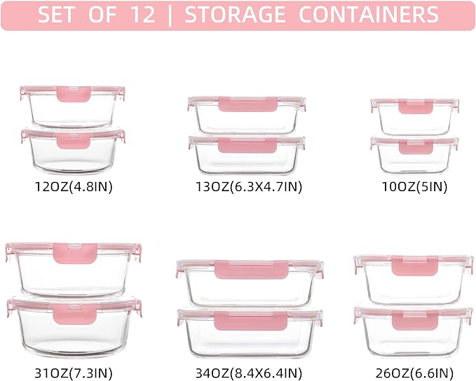 12 Pack Glass Storage Containers with Lids, Leak-Proof Meal Prep Containers, Dishwasher/Microwave/Oven/Freezer Safe Glass Food Storage Containers for Leftovers, to Go