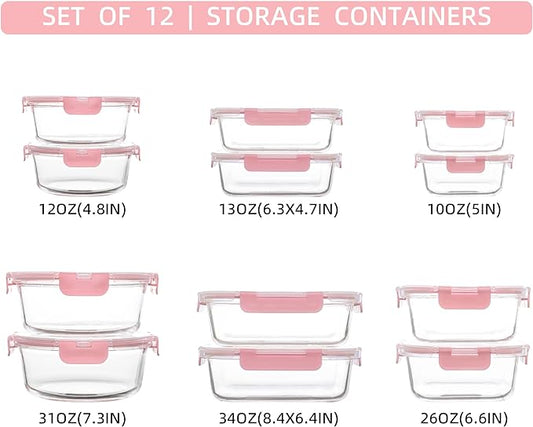 12 Pack Glass Storage Containers with Lids, Leak-Proof Meal Prep Containers, Dishwasher/Microwave/Oven/Freezer Safe Glass Food Storage Containers for Leftovers, to Go