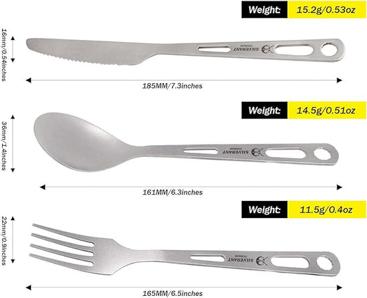 Titanium 3 Piece Cutlery Set, Extra Strong Ultra-Lightweight Durable Knife Fork & Spoon Tableware for Outdoor Camping & Hiking, Comes with Drawstring Bag & Titanium Carabiner