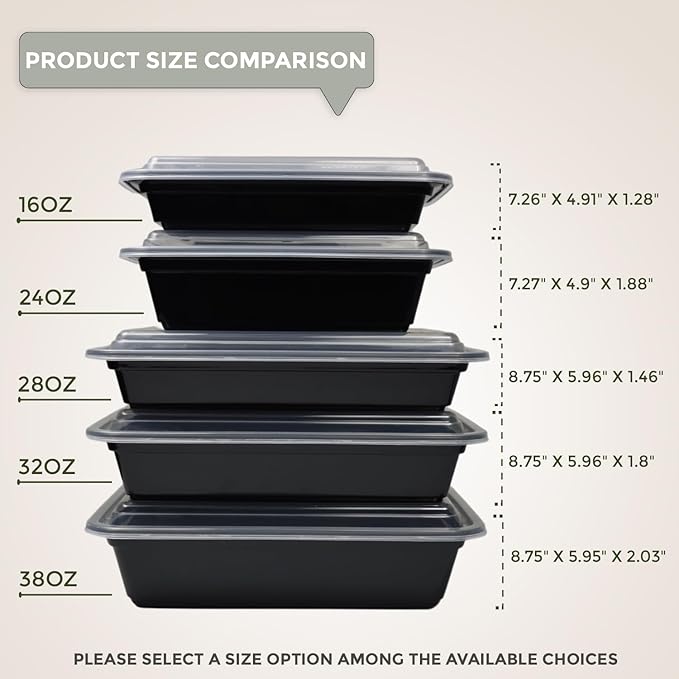 Klex 32 Oz, 150 Sets 2 Compartment Meal Prep Containers with Airtight Lids, BPA Free, Reusable Plastic Food Container, 32 oz, Rectangular, Black/Clear, 150 Sets