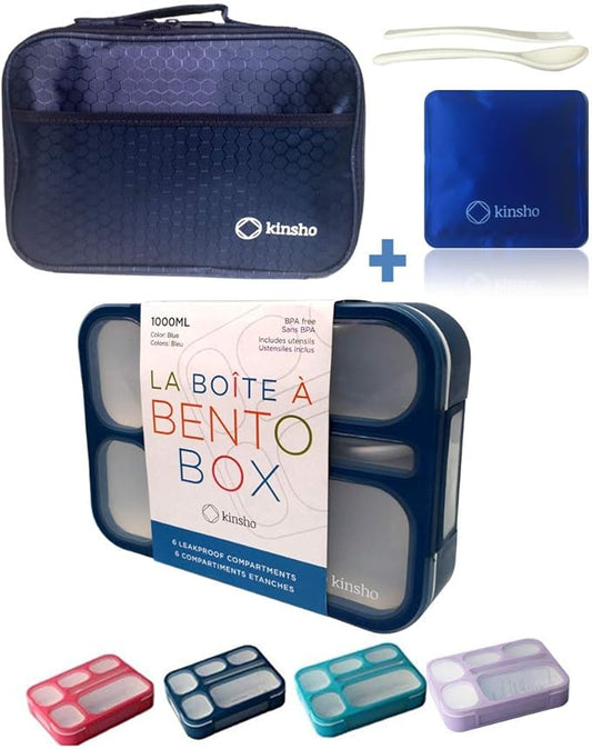 Bento-Box with Bag and Ice Pack Set. Lunch Boxes Snack Containers for Kids Boys Girls Adults. 6 Compartments, Leakproof Portion Container Boxes Insulated Bags for School Lunches, BPA Free, (Navy Blue