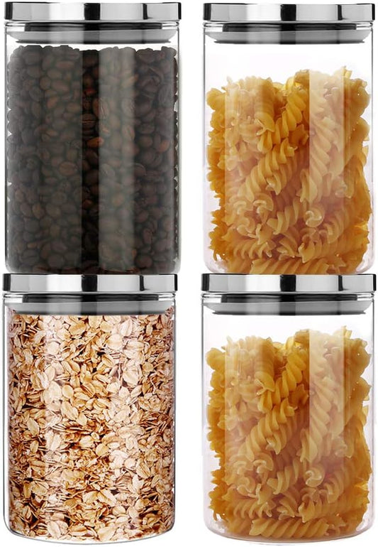 SIXAQUAE Glass Food Storage Containers Jar Stainless Steel Lids 4 Packs 1000ml Airtight Canister Organization Sets Stackable