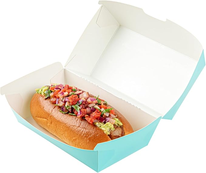Restaurantware Bio Tek 6.7 x 3.5 x 3.5 Inch Clamshell Food Containers 100 Disposable Sandwich Containers - Hinged Lid Tab-Lock Closure Turquoise Paper Hot Dog Containers Durable Greaseproof