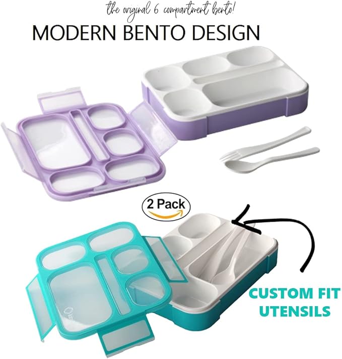 kinsho Bento Lunch Box Kids & Adult: Leakproof Lunch Containers for Boys & Girls with 6 Compartments - School, Daycare, Meal Planning Portion Control Container, BPA-Free Boxes, Utensils | Purple Teal