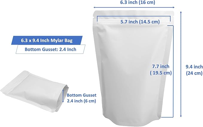 100 Pack Matte White Mylar Stand Up Bags - 6.3x9.4 Inches Resealable Smell Proof Packaging Zipper Pouch, Heat Sealable Foil Sample Pouches for Food Storage