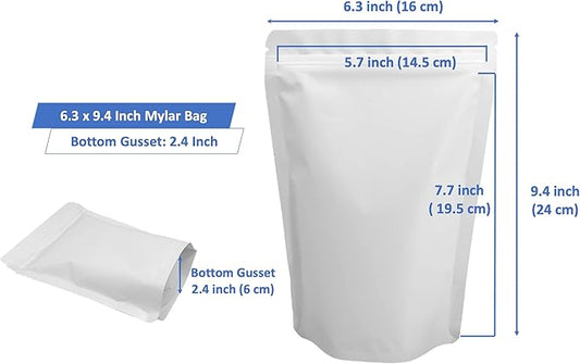 100 Pack Matte White Mylar Stand Up Bags - 6.3x9.4 Inches Resealable Smell Proof Packaging Zipper Pouch, Heat Sealable Foil Sample Pouches for Food Storage