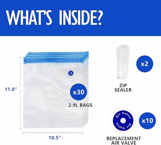 VICARKO 30 Vacuum Zipper Bags, Vacuum Sealer Bags, Food Storage, Reusable Bags, with Double Layers, BPA Free, 2.9L, 11.0 x 10.5"