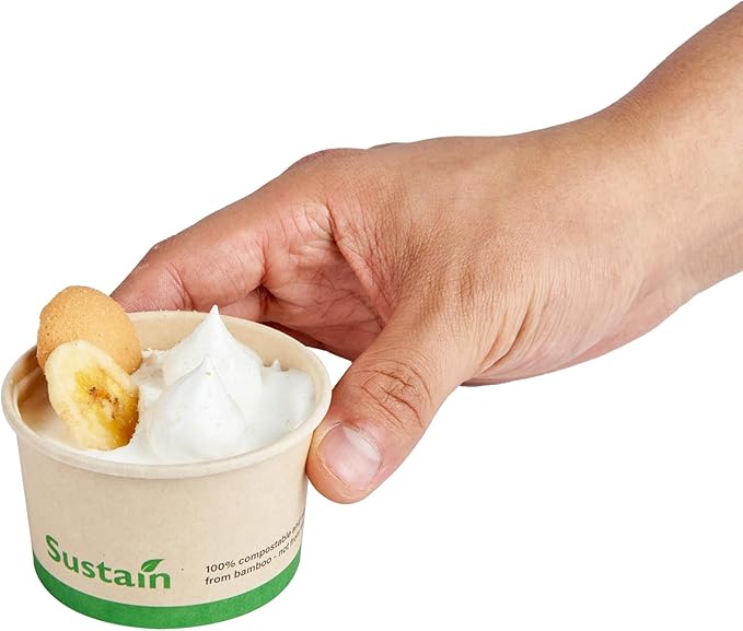 Restaurantware-Sustain 3 Ounce Paper Soup Containers, 50 Disposable Ice Cream Cups - Lids Sold Separately, With PLA lining, Bamboo To Go Hot Soup Bowls, Compostable, Greaseproof