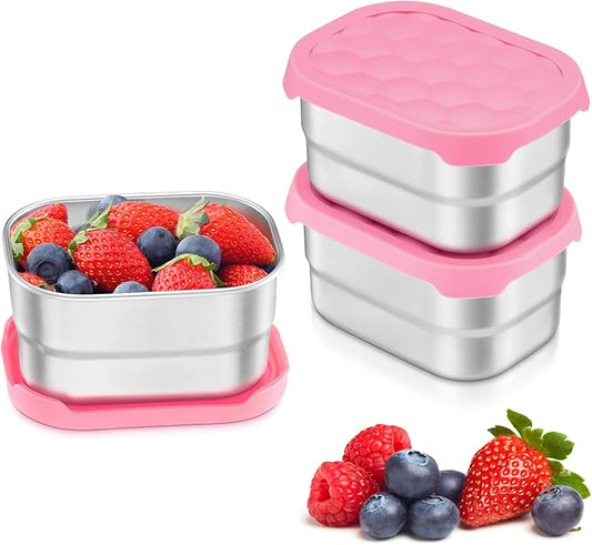 Leonyo 18/10 Stainless Steel Snack Containers for Kids, Lunch Containers for Kids and Toddlers, 8oz Snack Container with Silicone Lids, Metal Lunch Box for Daycare and School, Pink