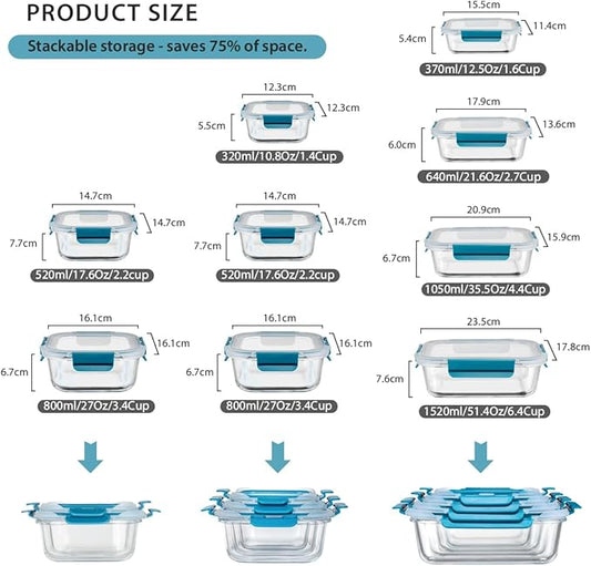 Glass Food Storage Containers with Airtight Lids-Glass Meal Prep Containers/Bento Box/Microwave Freezer Dishwasher Safe-Glass Lunch Box for Kitchen,Stackable,Large Capacity, BPA Free