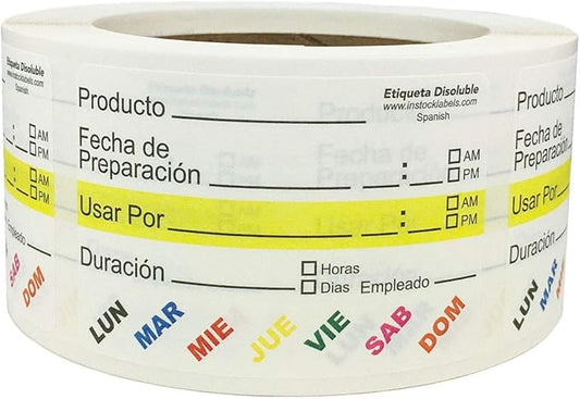Dissolvable Food Life Rotation Prep Use by Stickers with Spanish Wording, 2 x 3 Inches Wide, 500 Labels on a Roll