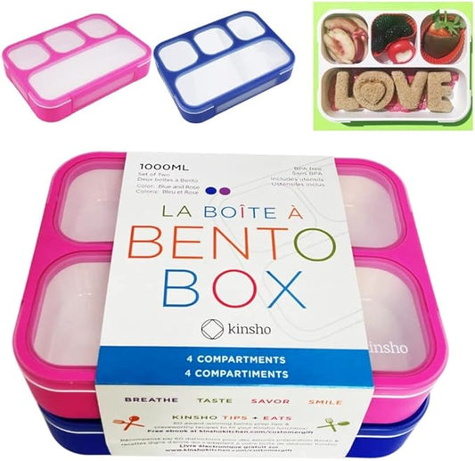 Bento Lunch-Box for Kids and Adults: Leakproof Lunch Boxes with 4 Compartments, Divided Containers for Boys Girls Women Men - School Work Portion Container, Utensils, Blue + Rose Pink Set