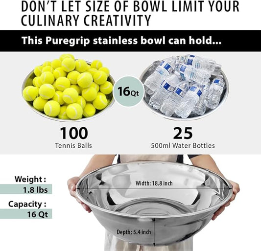 Oversized All-Purpose Stainless Steel Bowl for Home & Commercial, 16 Qt, 15 L, Made in Korea, Premium Stainless Steel, No Dulling & Rusting, For Prepping, Baking, Mixing, Marinating & Brining Kimchi