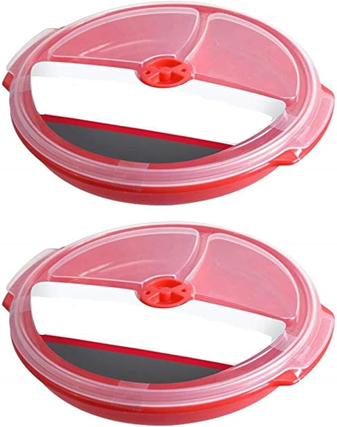 Home Products Essentials 2 Pack- Microwave Food Storage Travel Tray Containers -Portion Control - 3 Section Compartment Divided Plates with Vented Lid For Easy Reheat - Durable Quality (2, Red)