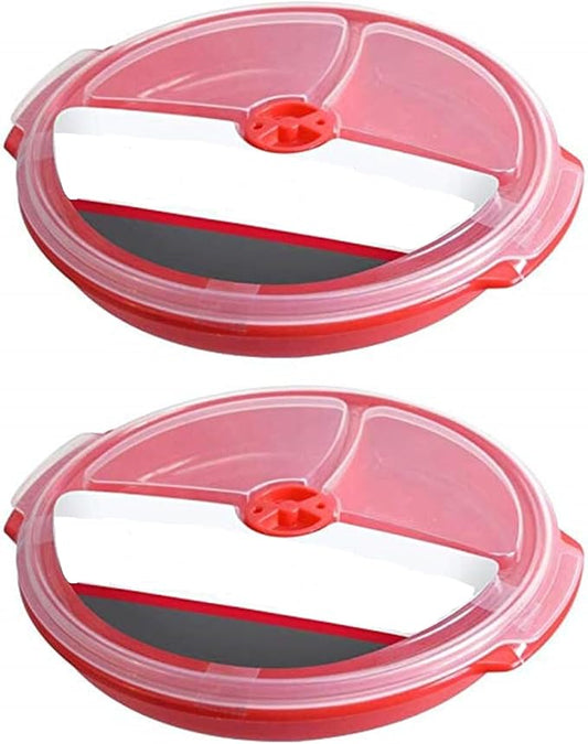 Home Products Essentials 2 Pack- Microwave Food Storage Travel Tray Containers -Portion Control - 3 Section Compartment Divided Plates with Vented Lid For Easy Reheat - Durable Quality (2, Red)