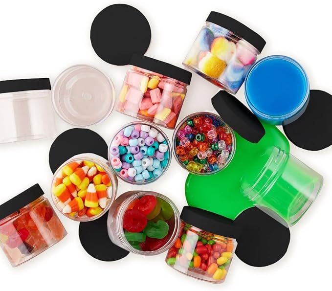 Healthy Packers 8oz Plastic Jars With Lids, Labels and White Marker - 24-Pack Small Plastic Containers with Black Lids. Great for Slime, Lotion, Crafts, Travel General Storage