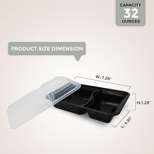 Klex 32 Oz, 150 Sets 2 Compartment Meal Prep Containers with Airtight Lids, BPA Free, Reusable Plastic Food Container, 32 oz, Rectangular, Black/Clear, 150 Sets