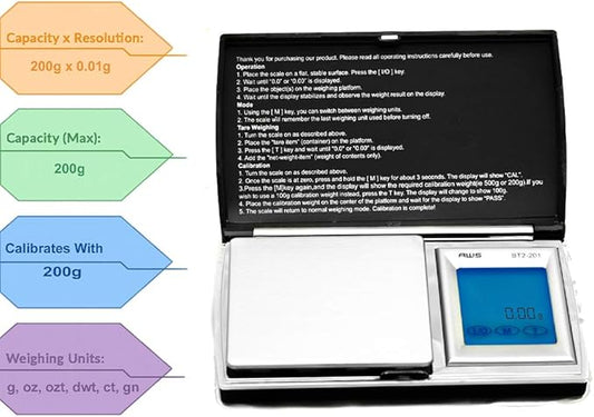 American Weigh Scales BT2 Series Digital Gram Pocket Weight Scale, Stainless-Steel Surface, Backlit LCDBlack, 200 X 0.01G