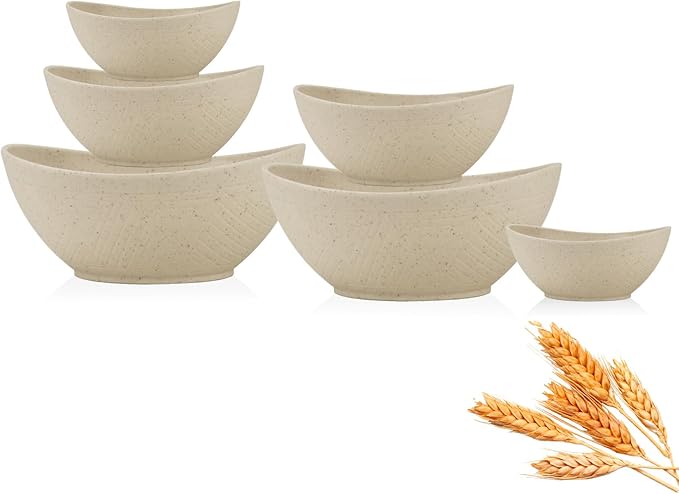 Multi-Size Salad Bowls for Kitchen,Unbreakable and Stackable Wheat Straw Bowls Easy to Clean and Bpa Free,Plastic Bowl Reusable for Camping,Picnic,Hiking and R.V. Beige