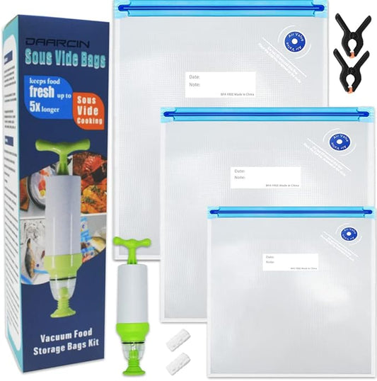 Sous Vide Bags 20pack Kit,Daarcin 3 Sizes Sous Vide Bag Kit with Pump-15 BPA Free Reusable Vacuum Sealer Bags-1 Hand Pump-2 Zipper Clips-2 Clamps for Food Storage and Sous Vide Cooking