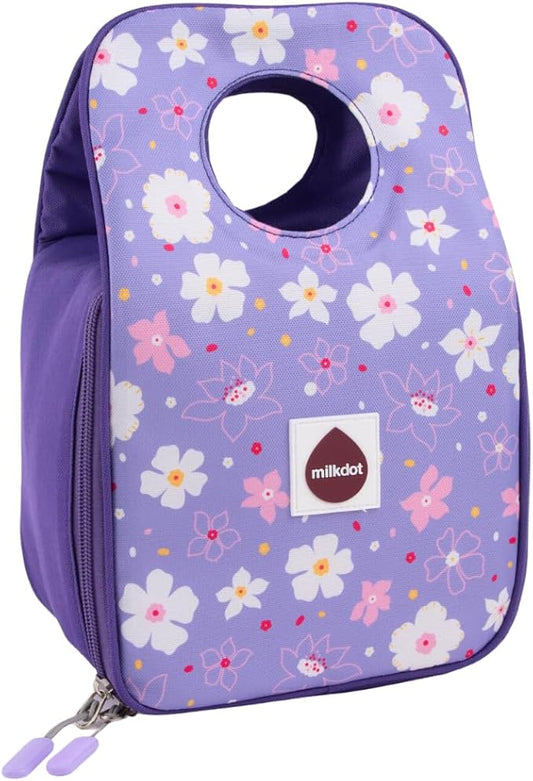 Designer Insulated Lunch Bag, Purple, Reusable Cooler Tote for Food & Drinks, Perfect for Women, Men, Boys, Girls, Stylish for kids ages 3+ (Flower)