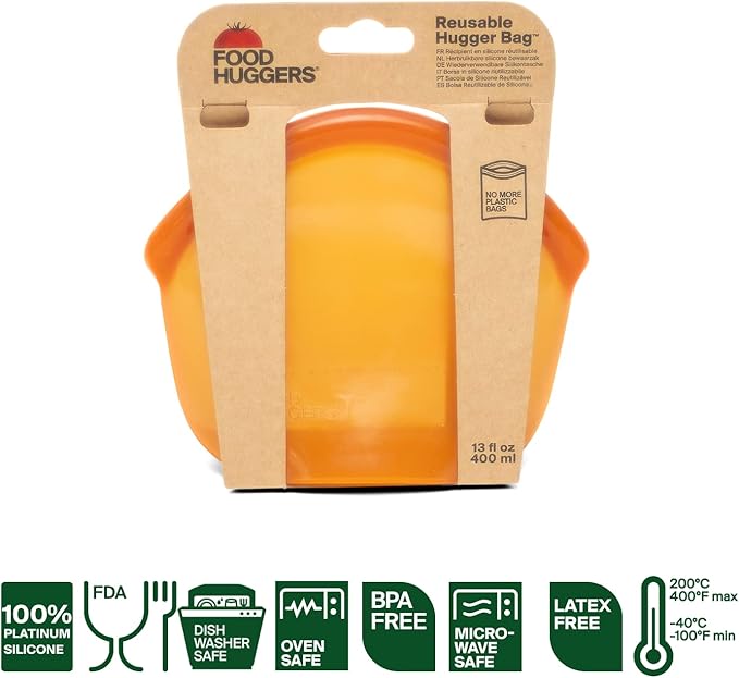 Food Huggers Hugger Bags Silicone Reusable Lunch & Snack Bag | Durable Storage, BPA Free, Dishwasher & Freezer Safe, Stand-Up Resealable Produce Pouch | Small 13 fl oz, Amber