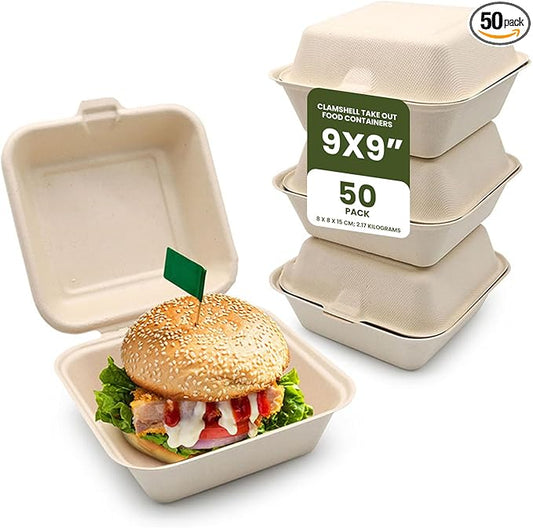 9 Inch Food Box Container Made With Bagasse Sugar Cane Fibers For Meals & Dessert, Take Away Container, Disposable, Eco-friendly, Compostable, Restaurants - Pack Of 50, White