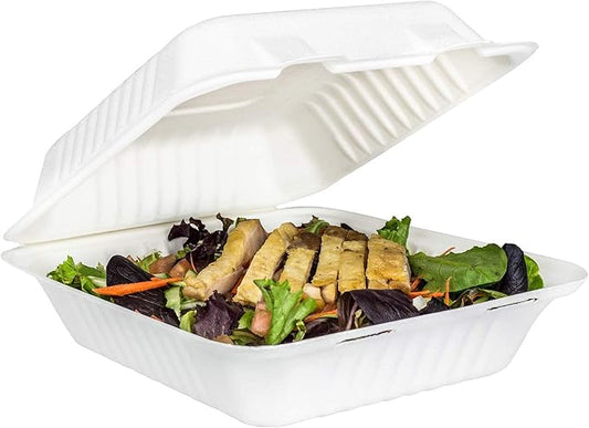 KARAT EARTH Clamshell Take Out Food Containers [8"x8", 200 ct ] Compostable To Go Containers, Natural Biodegradable Bagasse, Made of Sugarcane Fibers | White