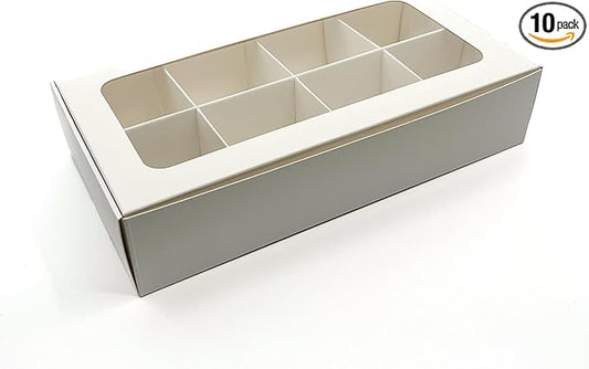 Treat boxes with window and dividers | 8 SMALL compartments | 8.75 x 4.5 x 1.9 in | Chocolate covered strawberries supplies, macaron boxes, baked goods packaging | 10-pack (White)