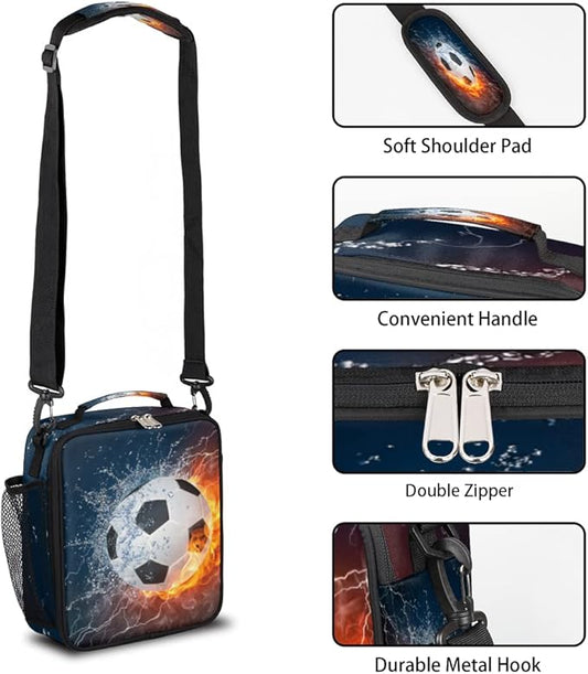 Soccer Kids Lunch Box Flame Soccer Insulated Lunch Bag for Boys Girls Reusable Food Container Tote Cooler Warm Pouch for School work Office Beach