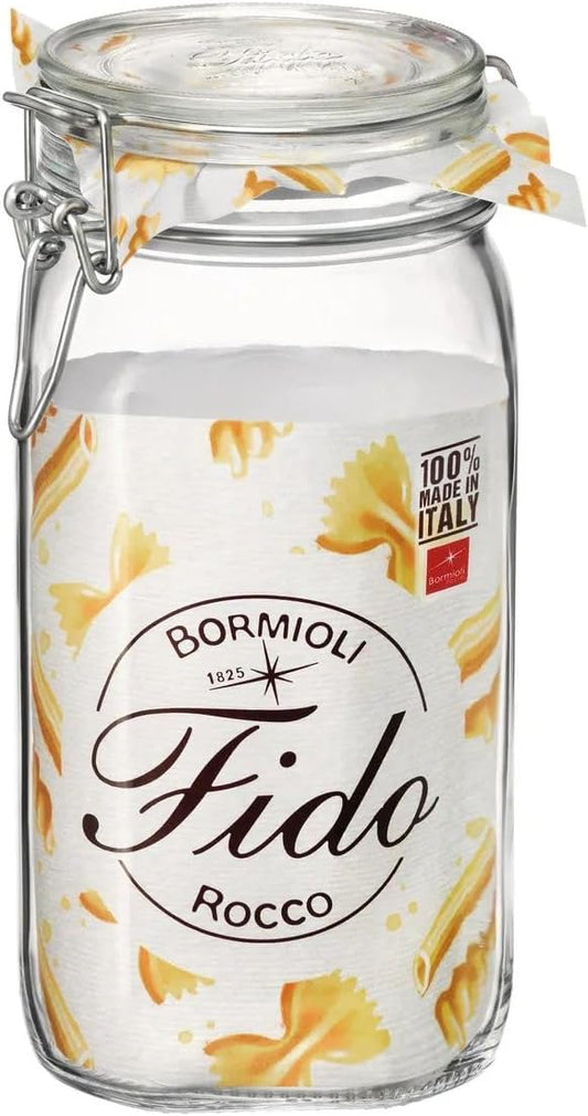 Bormioli Rocco Fido Wide Mouth Squared Glass Jar with Airtight Gasket Clamp Lid for Canning and Food Storage, Clear Top, 50.75 oz.