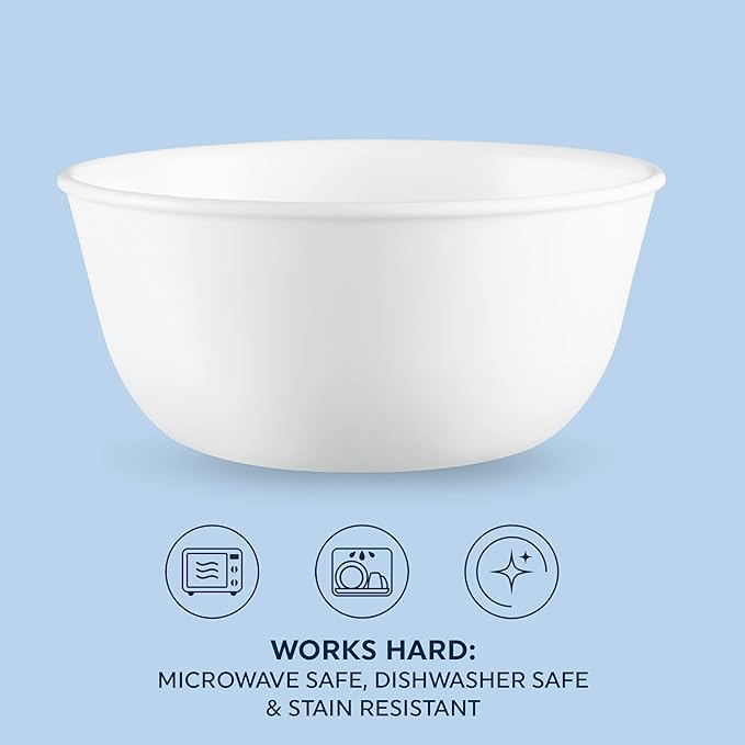 Corelle Vitrelle 6-PC Medium 28-oz Glass Soup/Cereal Bowls Set, Chip & Crack Resistant Dinnerware Bowls for Soup, Ramen, Cereal and More, Winter Frost White